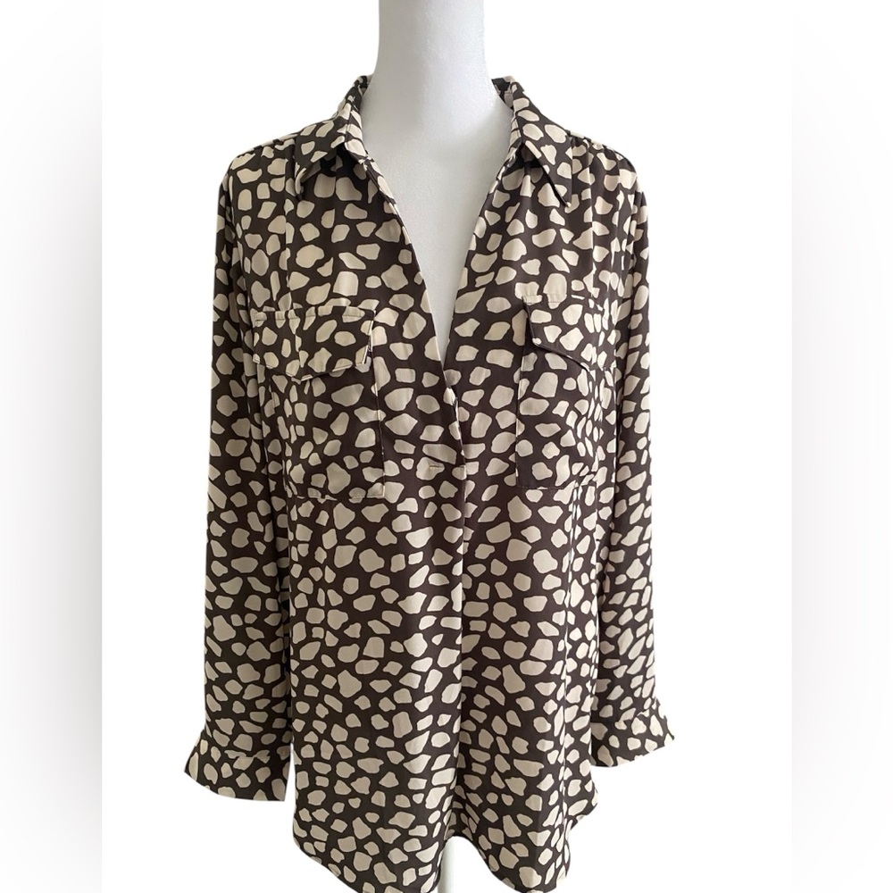 Ann Taylor LOFT Stylish Long Sleeve Brown and Cream Women's Blouse Size L - Picture 2 of 11